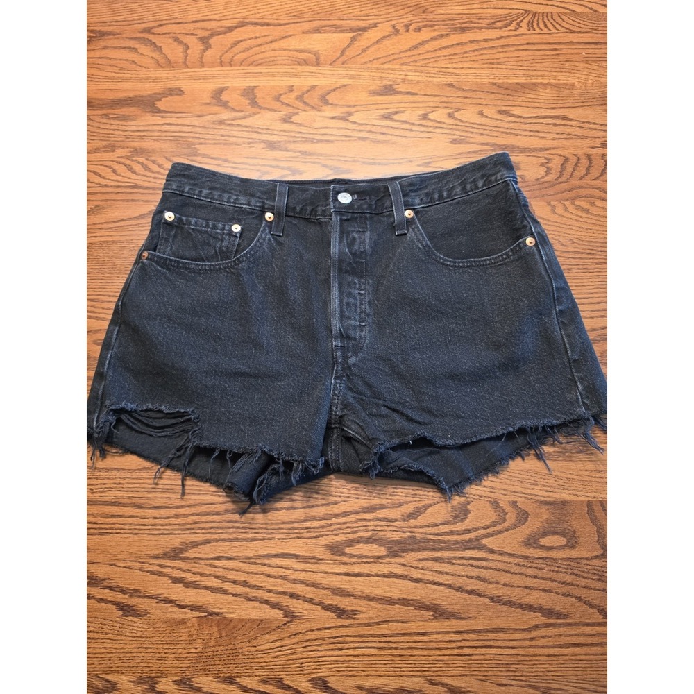 Levi's 501 Jean Shorts Womens 30 Black Denim High Rise Button Fly Cutoff Frayed